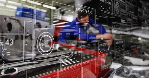 Tech leaning over engine tuning parts in auto HUD appearing over toolbox guiding repair via gauges