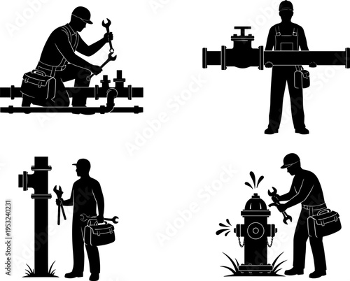 Vector Black Silhouette Set of Plumbers and Utility Workers Repairing Pipes, Fire Hydrant, and Water System Infrastructure, Concept for Maintenance and Service Jobs