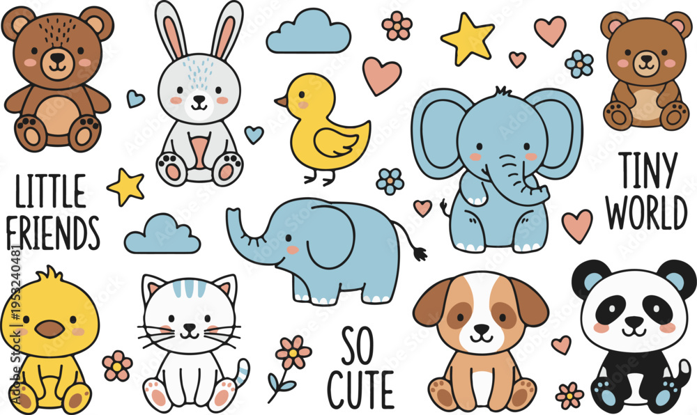 Obraz premium Baby Kids Animals Friends Nursery, Illustration Doodle Cartoon Collection