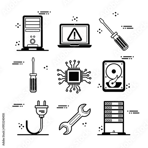 Computer Repair and Maintenance Tools and Components Icons Set.