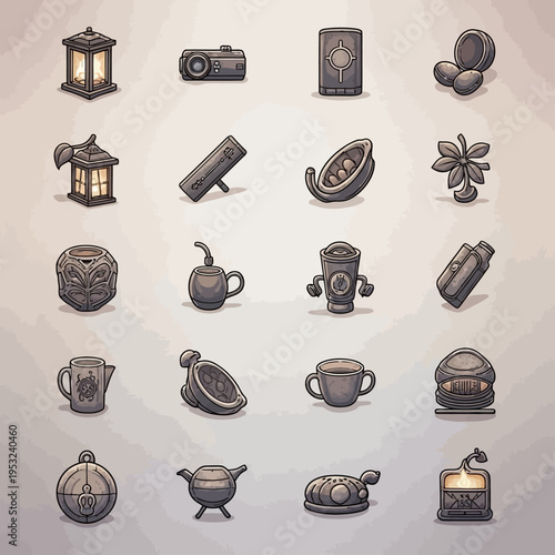 Collection of various small, dark, and detailed objects arranged in a grid pattern.
