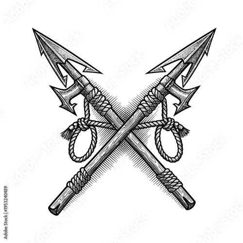 Crossed Harpoons with Nooses Engraved Illustration.