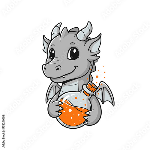 Cute Baby Dragon Holding a Potion Bottle with Orange Liquid.