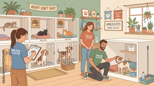 Animal Shelter Illustration with Volunteers Caring for Cats and Dogs
