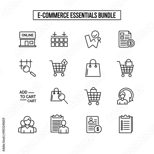 E-commerce essentials bundle with various online shopping and business icons.
