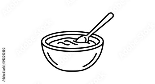 Simple Line Art Bowl of Porridge with Spoon, Healthy Breakfast Icon