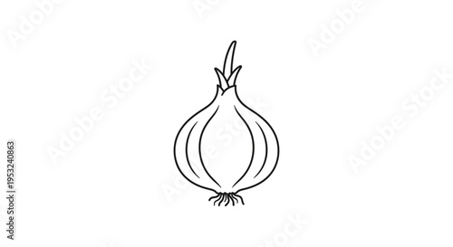 Simple Line Art Drawing of a Fresh Onion with Roots and Sprouts on White Background