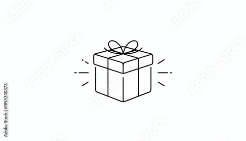 Simple Line Art Gift Box Icon with Sparkles - Surprise Present Concept