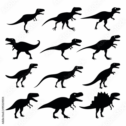 Black vector illustration collection featuring a set of  dinosaur silhouettes including a t-rex outline for nature and wildlife icon design
