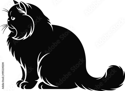 Long haired cat silhouette vector illustration featuring fluffy sitting feline with bushy tail elegant pet animal isolated design