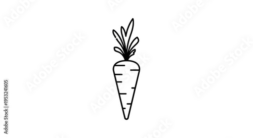 Simple black and white line drawing of a carrot with green leaves, isolated on white background.