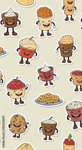 Colorful pattern of cartoon food items with smiling faces on a beige background, showcasing various dishes and desserts in a playful arrangement.
