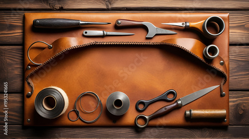 Vintage Leatherworking Tools and Materials on Rustic Wooden Background