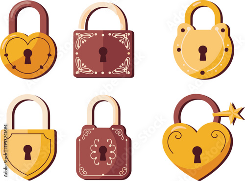 Vector illustration of decorative vintage padlocks collection, heart shape and classic locks for love, security, and antique design concepts