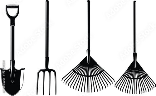 Garden tools set silhouette including shovel pitchfork and rake collection landscaping equipment illustration isolated on white background for farming agriculture and yard work design