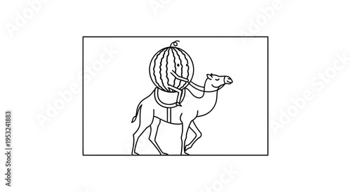 Whimsical Camel Carrying Watermelon Head in Desert Landscape