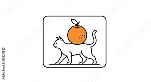 Whimsical Cat Carrying Orange on Back in Minimalist Line Art Style