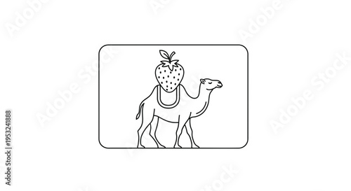 Whimsical Camel Carrying Strawberry on its Back, Outline Illustration