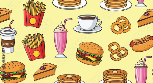 Flat lay illustration of assorted fast food items and drinks on a yellow background with a variety of tasty treats.