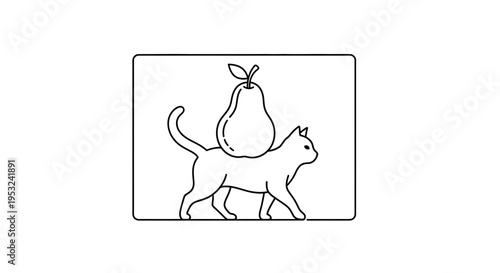 Whimsical Cat Carrying Pear on Back - Minimalist Line Art Illustration