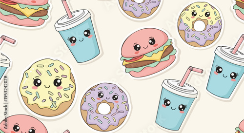 A colorful flat lay of cartoon fast food items and drinks with smiling faces on a beige background.