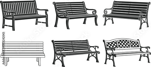 Set of park bench silhouettes wooden and metal outdoor benches collection isolated on white background for urban furniture design landscape architecture and public seating concept