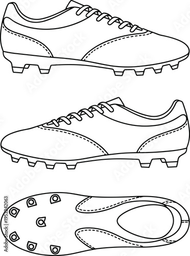 Vector illustration of soccer shoes from different angles, football cleats design outline for sports footwear, training equipment, and athletic fashion concept
