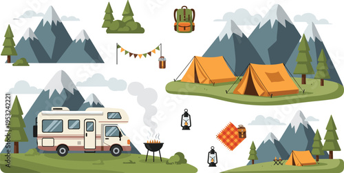 Outdoor camping adventure set with motorhome camper van tents mountain landscape campfire and hiking equipment vector illustration collection