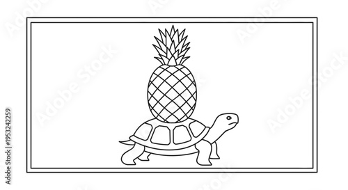 Turtle Carrying Pineapple on Back - Outline Drawing