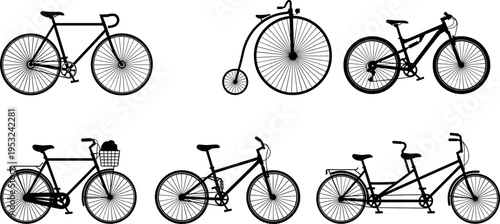 Vector illustration set of black and white silhouettes showcasing diverse bicycle types, including road bike, mountain bike, penny-farthing, commuter, and 