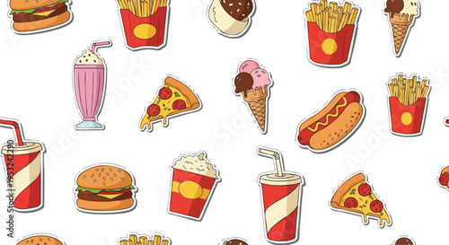 Colorful flat lay of various fast food items and desserts on a clean white background.