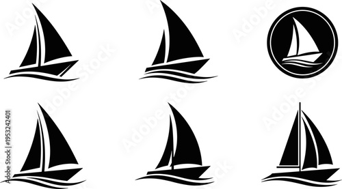 Vector illustration set of black sailboat icons in various modern and classic designs, sailing on waves, symbolizing yachting, marine travel, ocean adventure, luxury, and freedom logos