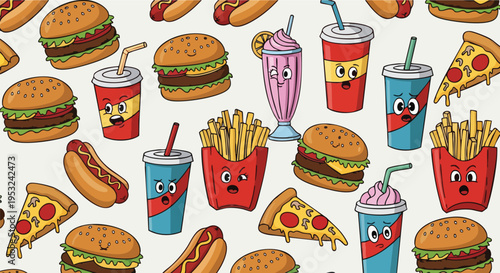 Flat lay of various cartoon fast food items including burgers, fries, pizza, and drinks on a white background with a playful and colorful mood.