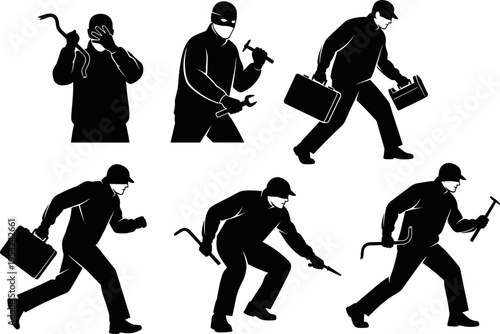 Vector illustration set of black silhouettes featuring a burglar or criminal figure with tools and briefcases, symbolizing theft, crime, illegal entry, security breach, and law enforcement concepts