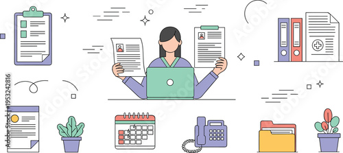 Female office worker managing business documents records and schedules on laptop computer with professional administrative icons vector illustration