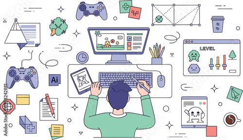 Creative game designer working at desk developing digital characters and level interface icons on computer screen vector illustration