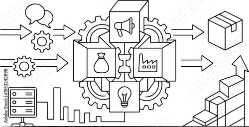 Line art vector of business workflow gear integrating marketing, production and financial growth