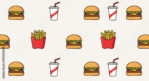 Flat lay of various fast food icons including burgers, fries, and drinks arranged on a plain background in a repeating pattern.