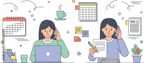 Flat vector illustration set of female office workers managing tasks with laptop, telephone calls, calendar, and document planning