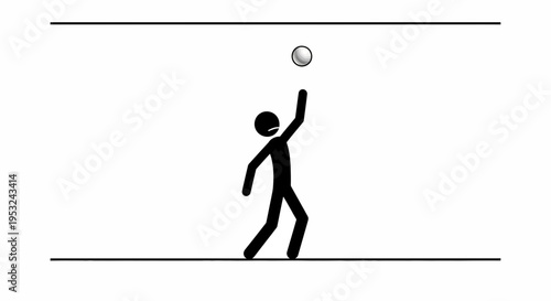 Stick figure playing volleyball, jumping to hit ball in indoor court