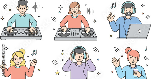 Diverse DJ and music enthusiast vector set featuring people mixing records wearing headphones and using laptops in flat line art style