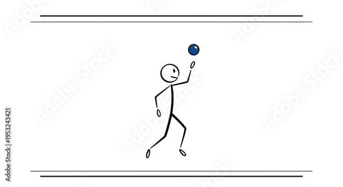 Stick figure playing volleyball, jumping to hit the ball, dynamic pose, indoor court