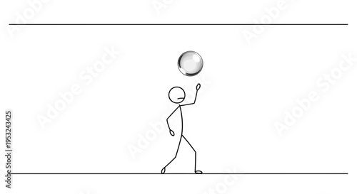 Stick figure playing with a bubble in a minimalist setting