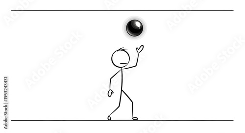 Stick figure reaching for glowing sphere between parallel lines, abstract concept