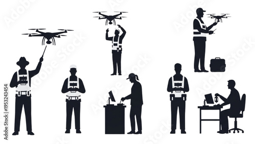 Diverse professionals operating unmanned aerial vehicles, managing drone technology and flight operations