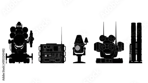 Illustrative silhouettes of modern military defense, radar, and electronic warfare equipment set