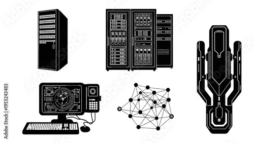 Diverse Collection of Black and White Technology Icons Representing Data Centers, Networking, and Futuristic Concepts