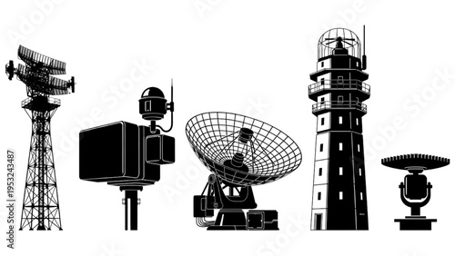 Diverse collection of telecommunication towers and radar antennas for global signal transmission and data networking infrastructure