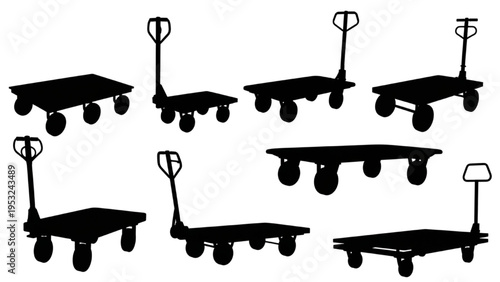 Collection of diverse industrial hand trucks and platform trolleys for efficient material handling and transport needs