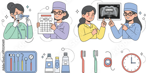 Dental health vector set featuring dentists with x-ray results, medical tools, toothpaste, toothbrushes, and floss in flat line art style
